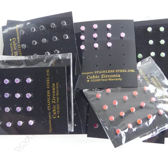 CARDS STAINLESS STEEL CUBIC ZIRCONIA EARRINGS, ASST. COLOURS