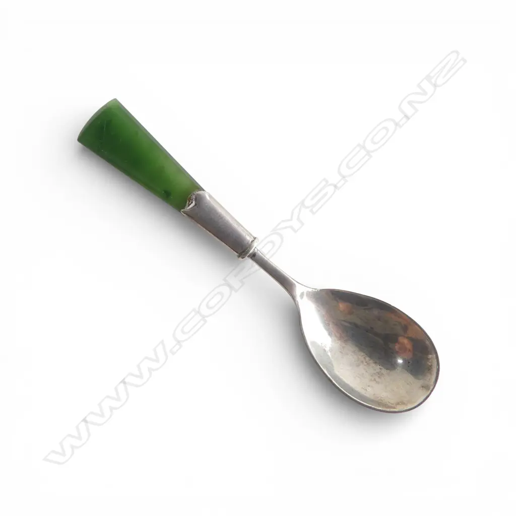 S/SILVER & JADE HANDLED MUSTARD SPOON  Image 1++