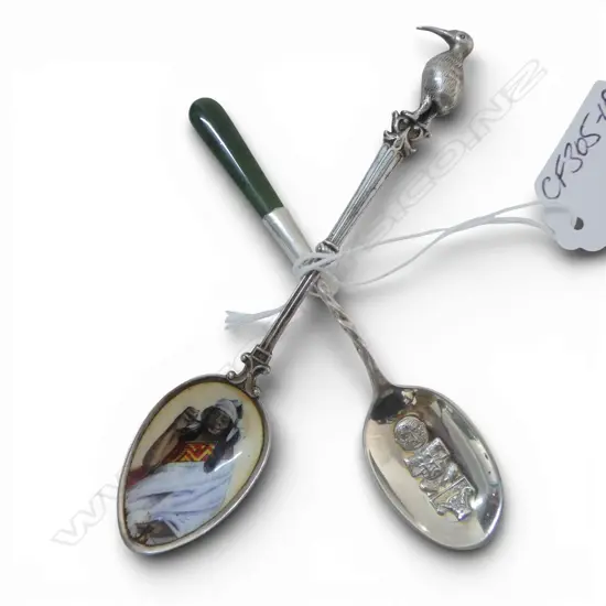 Two NZ Stg Silver teaspoons Maori figures & kiwi