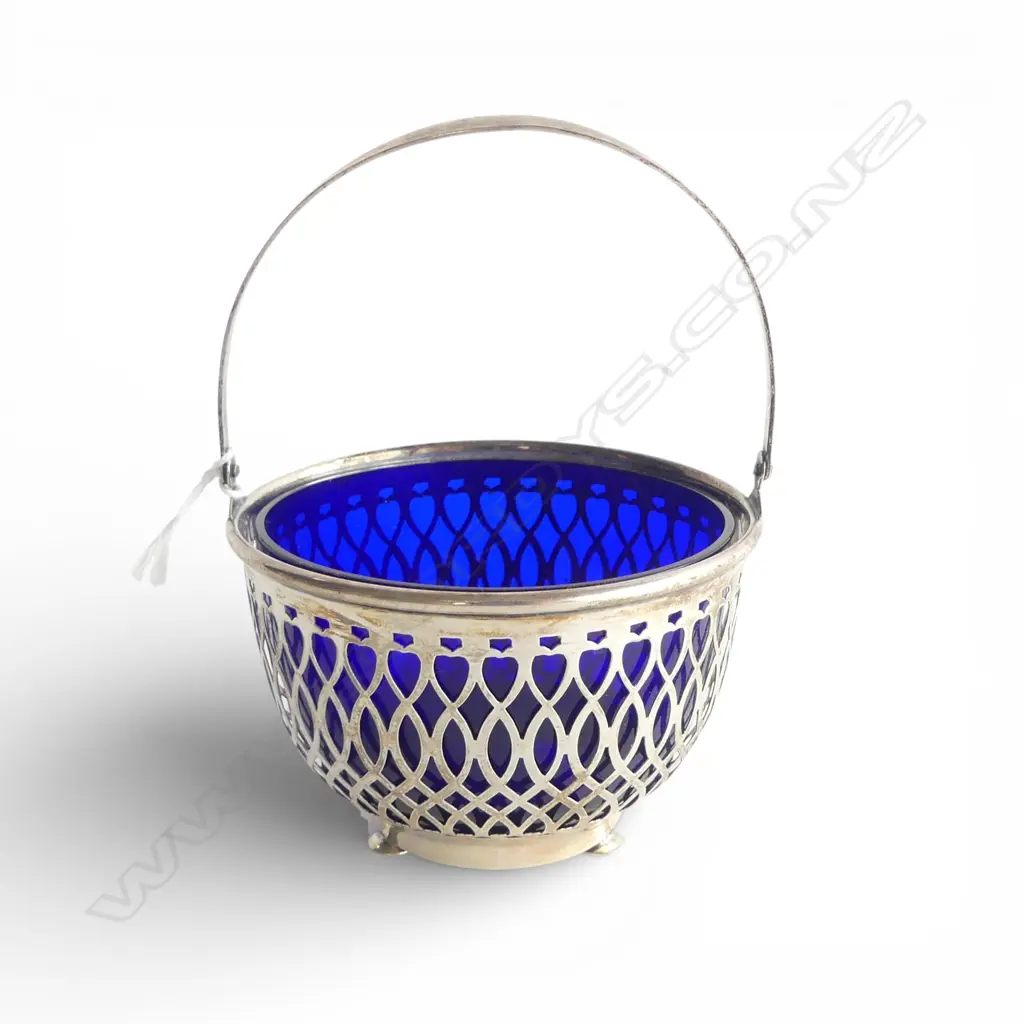S/SILVER BLUE GLASS LINED SUGAR BOWL SILVER WEIGHT 51GMS Image 1++