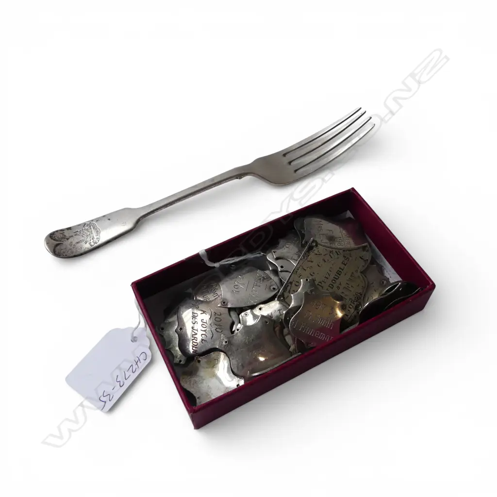 ASST. SILVER SHIELDS + STG SILVER FORK & SILVER SPOON 195gms etc Image 1++