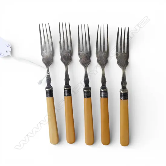 5 LATE 19thC IVORINE 'BONE' FORKS w. stg silver collars