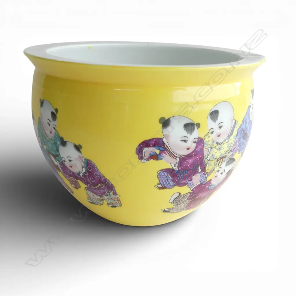 CHINESE PORCELAIN BALUSTER JARDINIERE famille rose children w peaches on bright yellow ground Dia.255mm Image 1++