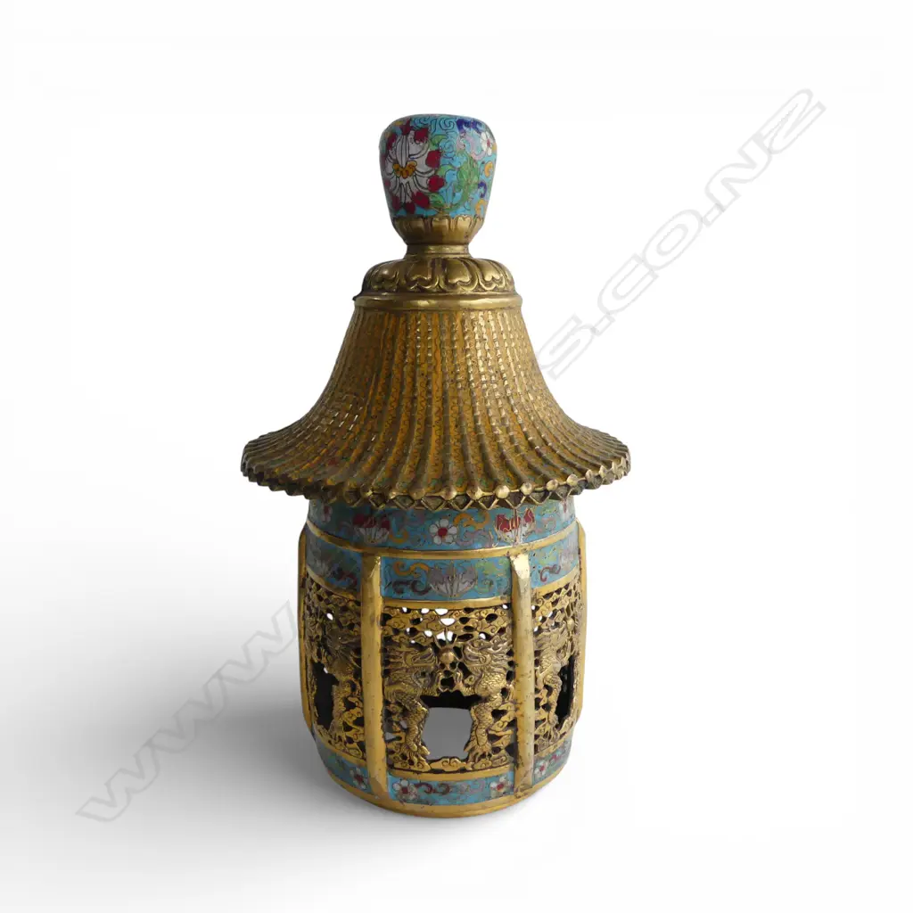 ORIENTAL BRASS & CLOISONNE LIDDED LANTERN of hexagonal panelled circular pagoda form. H,380mm.  Image 1++