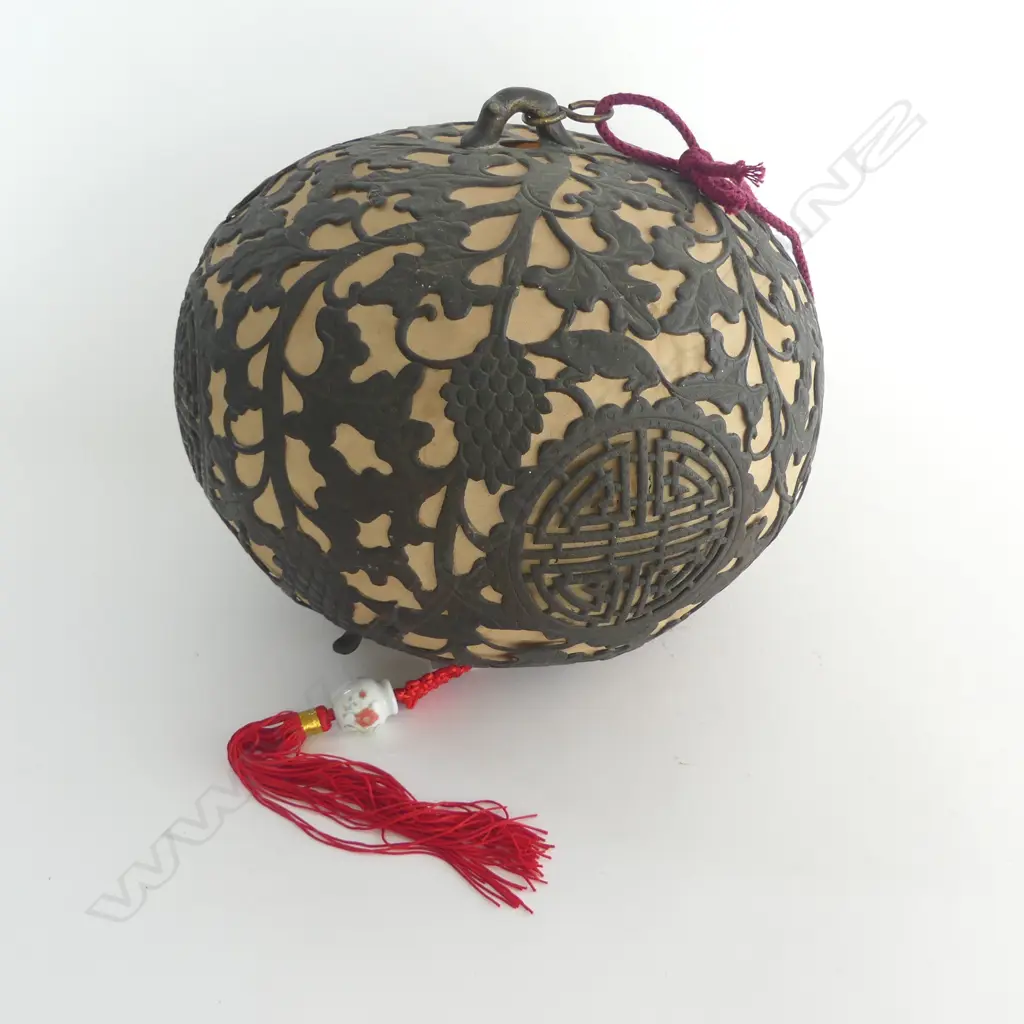 ANTIQUE CHINESE BRONZE & SILK HANGING LANTERN  DIA 340MM Image 1++