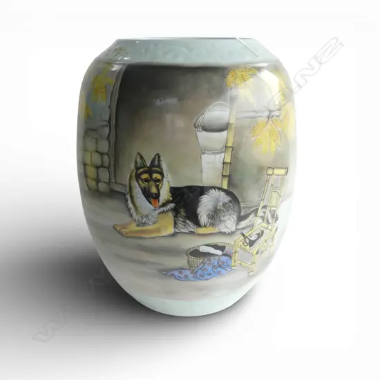 MODERN LGE CHINESE PORCELAIN FINELY PAINTED OVOID VASE ALSATIAN DOG on porch w chair & basket H.410mm