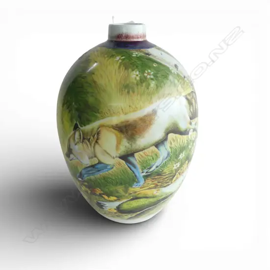 MODERN LGE CHINESE PORCELAIN FINELY PAINTED OVOID VASE WOLF IN LANDSCAPE H.360mm