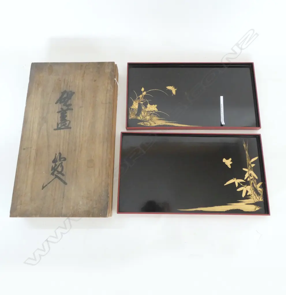 EARLY 1900's JAPANESE MAKI-E lacquered cypress wood PAIR OF TRAYS 24k gold overlay. Black & red. In box. 455 x 260mm  Image 1++