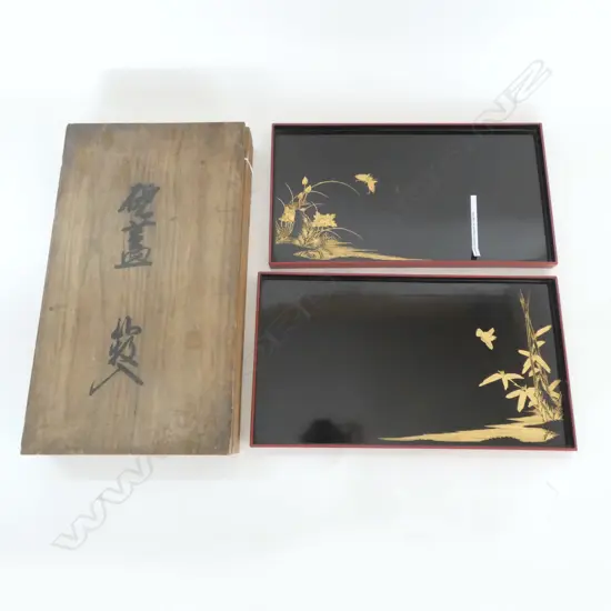 EARLY 1900's JAPANESE MAKI-E lacquered cypress wood PAIR OF TRAYS 24k gold overlay. Black & red. In box. 455 x 260mm 