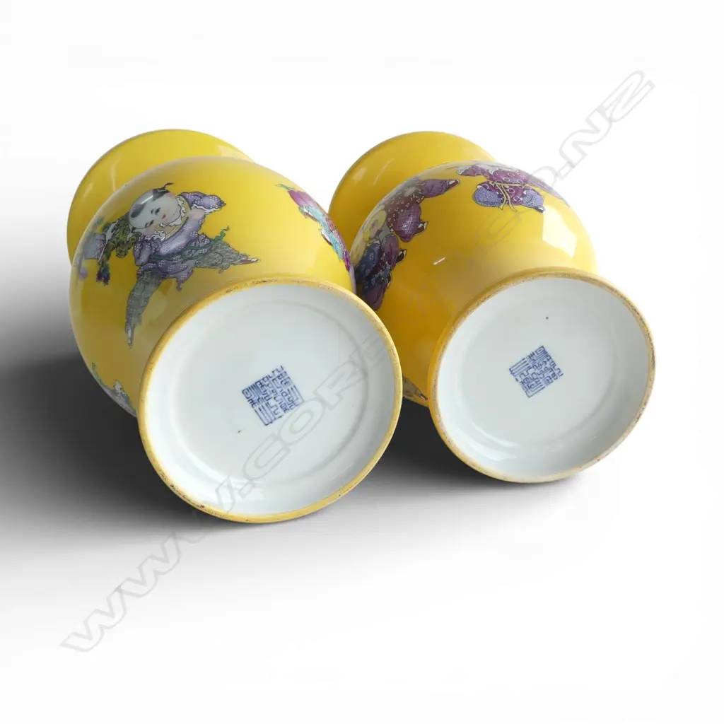 PR LARGE CHINESE PORCELAIN BALUSTER VASES famille rose children w peaches on bright yellow ground. H.380mm Image 1++