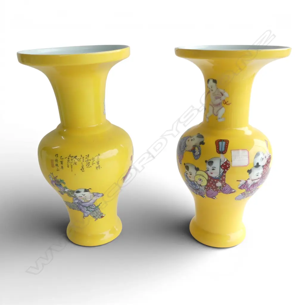PR LARGE CHINESE PORCELAIN BALUSTER VASES famille rose children w peaches on bright yellow ground. H.380mm Image 1++