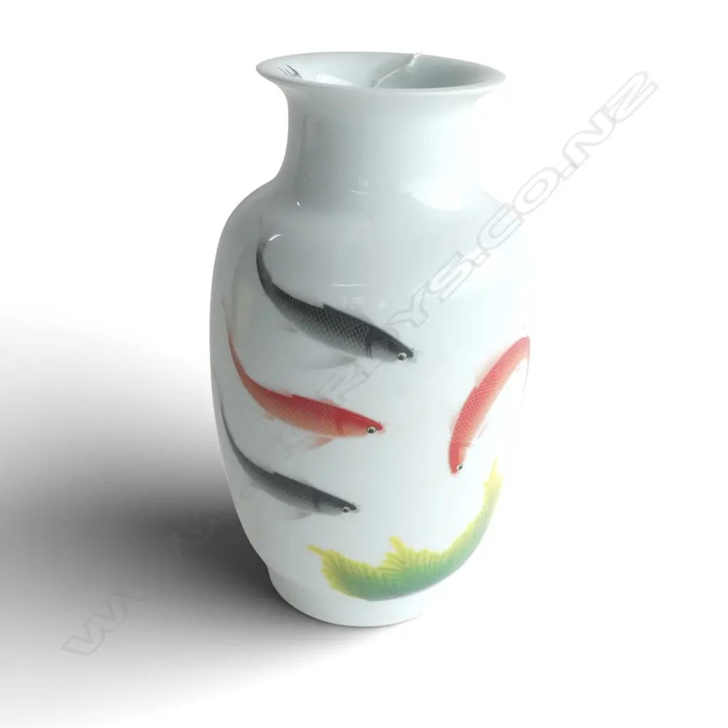 CHINESE PORCELAIN BALUSTER OVOID VASE RED & BLACK GOLDFISH w calligraphy H.330mm Image 1++