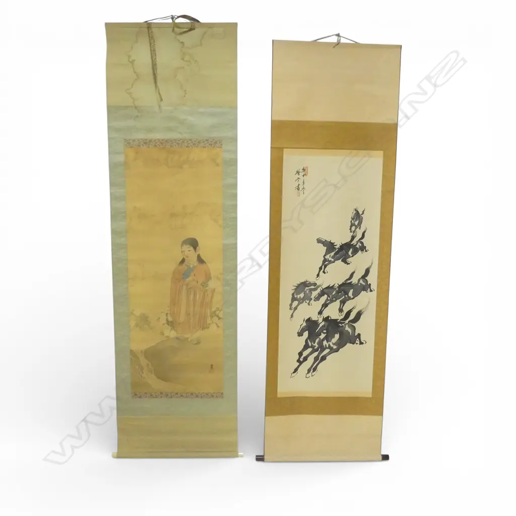 2 VINTAGE JAPANESE HANDPAINTED SCROLLS: Woman w artist's brush + horses Image 1++