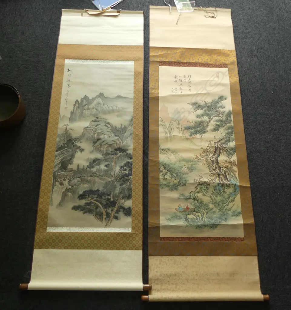 2 VINTAGE JAPANESE HANDPAINTED LANDSCAPE SCROLLS Image 1++