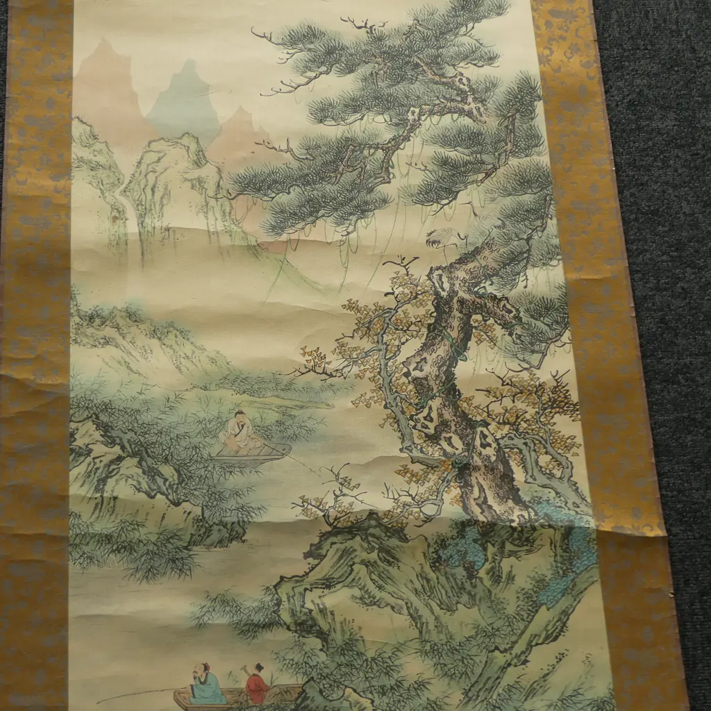 2 VINTAGE JAPANESE HANDPAINTED LANDSCAPE SCROLLS Image 1++