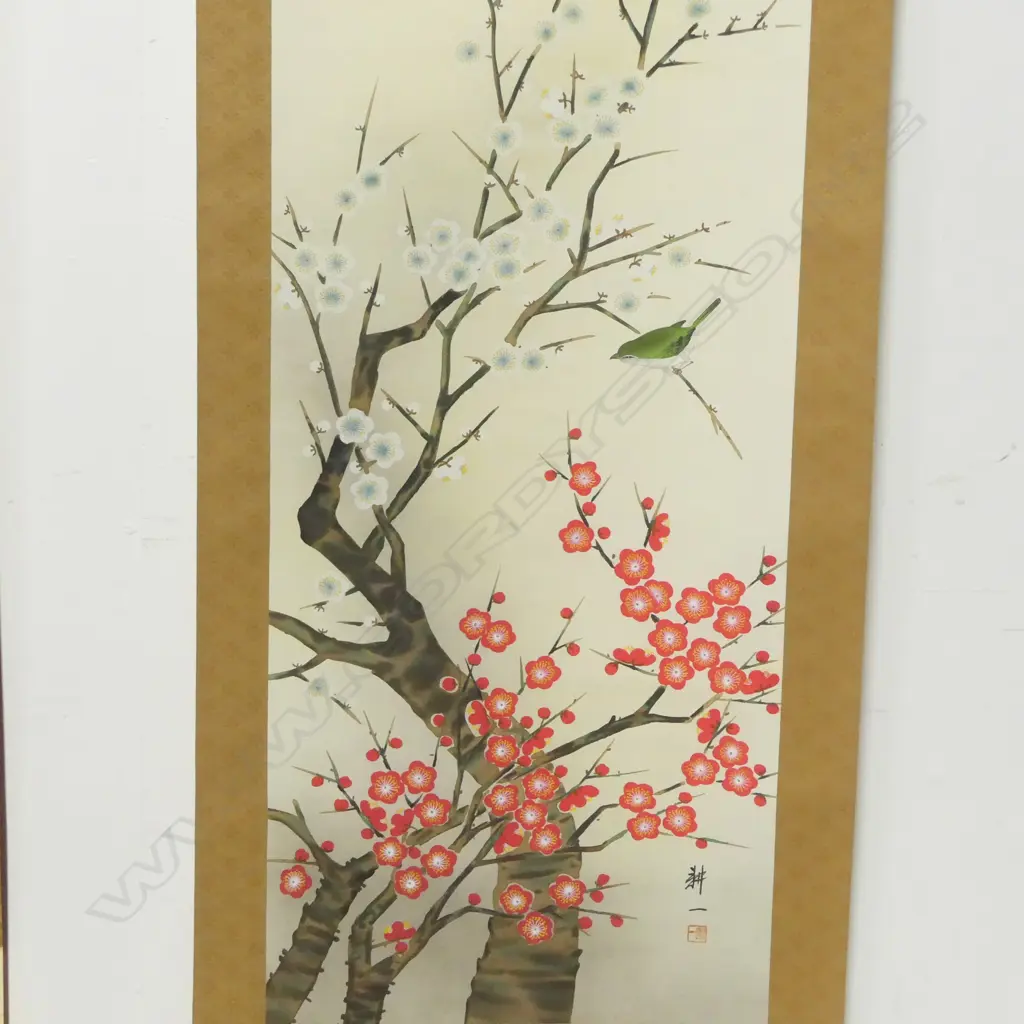 2 ORIENTAL HANDPAINTED SCROLLS: mountainous landscape & blossom scenes Image 1++