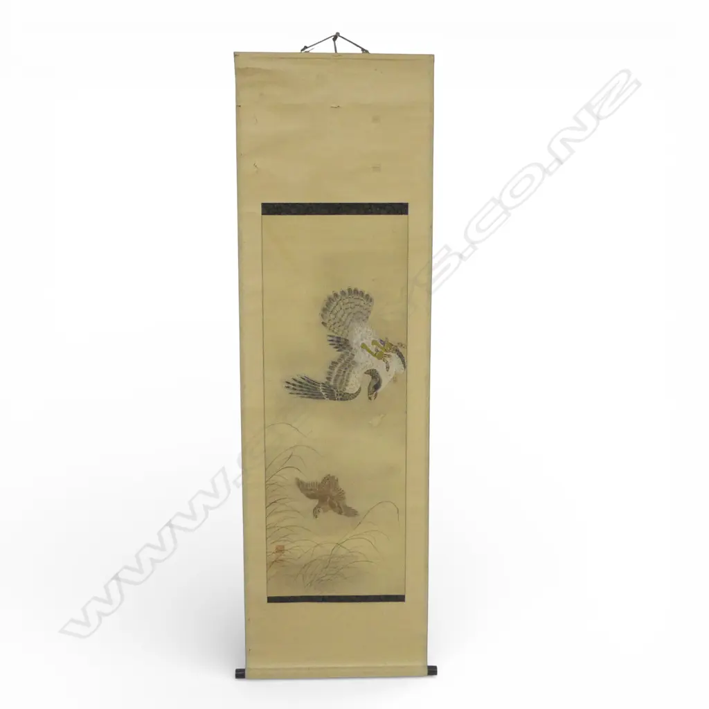 VINTAGE JAPANESE HANDPAINTED SCROLL hawk chasing bird. Minor faults. L.900mm Image 1++