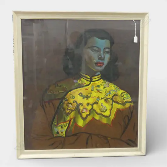 HAND PAINTED SIGNED RETRO GREEN LADY PAINTING H750 W650MM