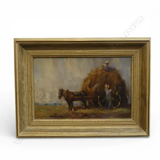 ANDREW PARK, HORSE & HAYSTACK, OIL ON BOARD, 120x190mm