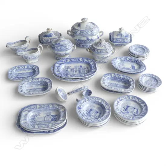 ANTIQUE MINTON CHINA FLOW BLUE & WHITE CHILDS DINNER SERVICE