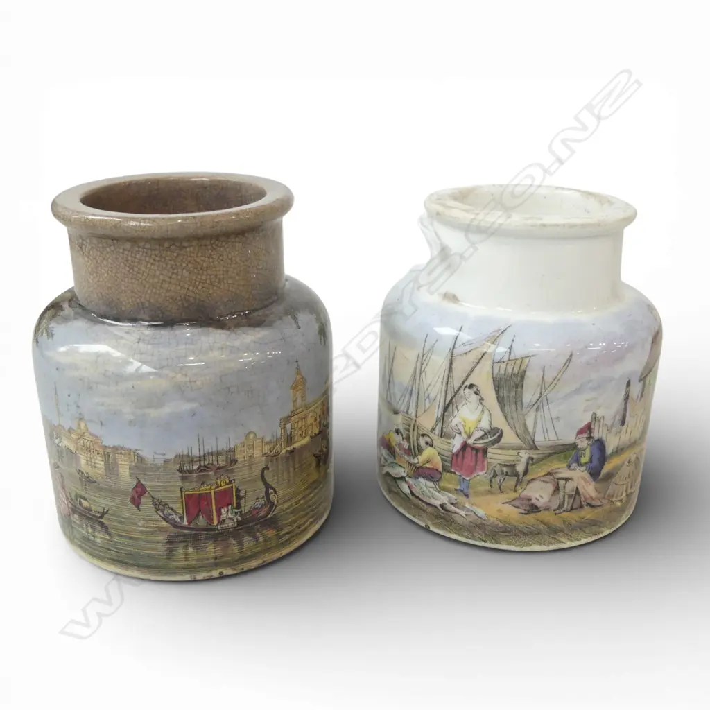 2 VICTORIAN PASTE POTS mending the nets & Venice H.80mm no lids Image 1++
