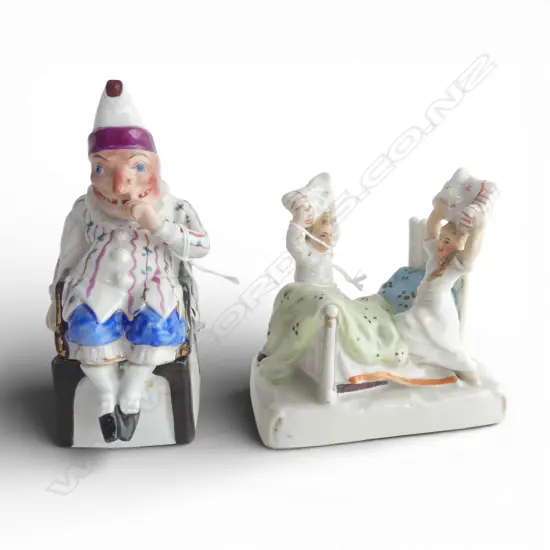 2 ANTIQUE BISQUE COMICAL FIGURES: seated Punch on chair box H.130mm + pillow fight fairing 'God Bless This House'