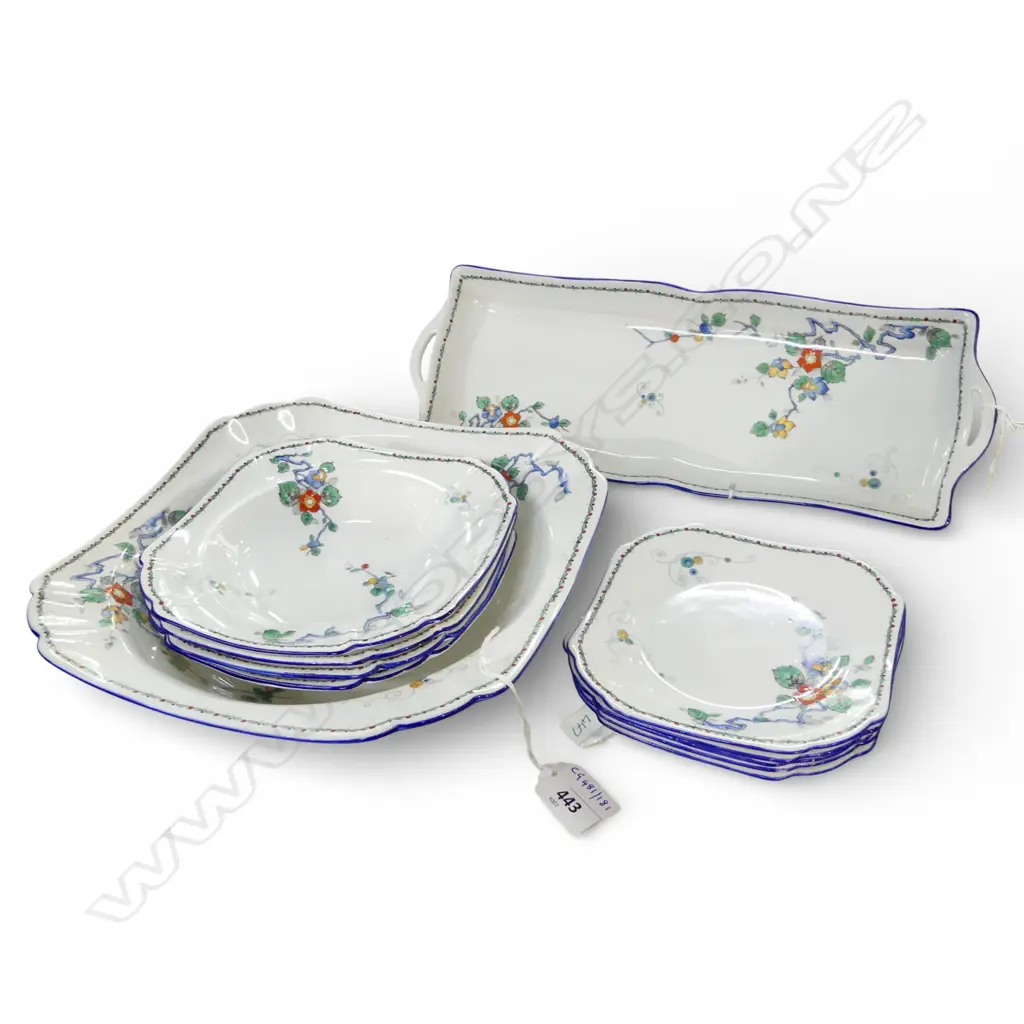 SHELLEY CHINA SALAD SET BOWL & 4 PLATES & MATCHING SANDWICH PLATE WITH 5 SIDE PLATES FLOWER BRANCH PAT Image 1++
