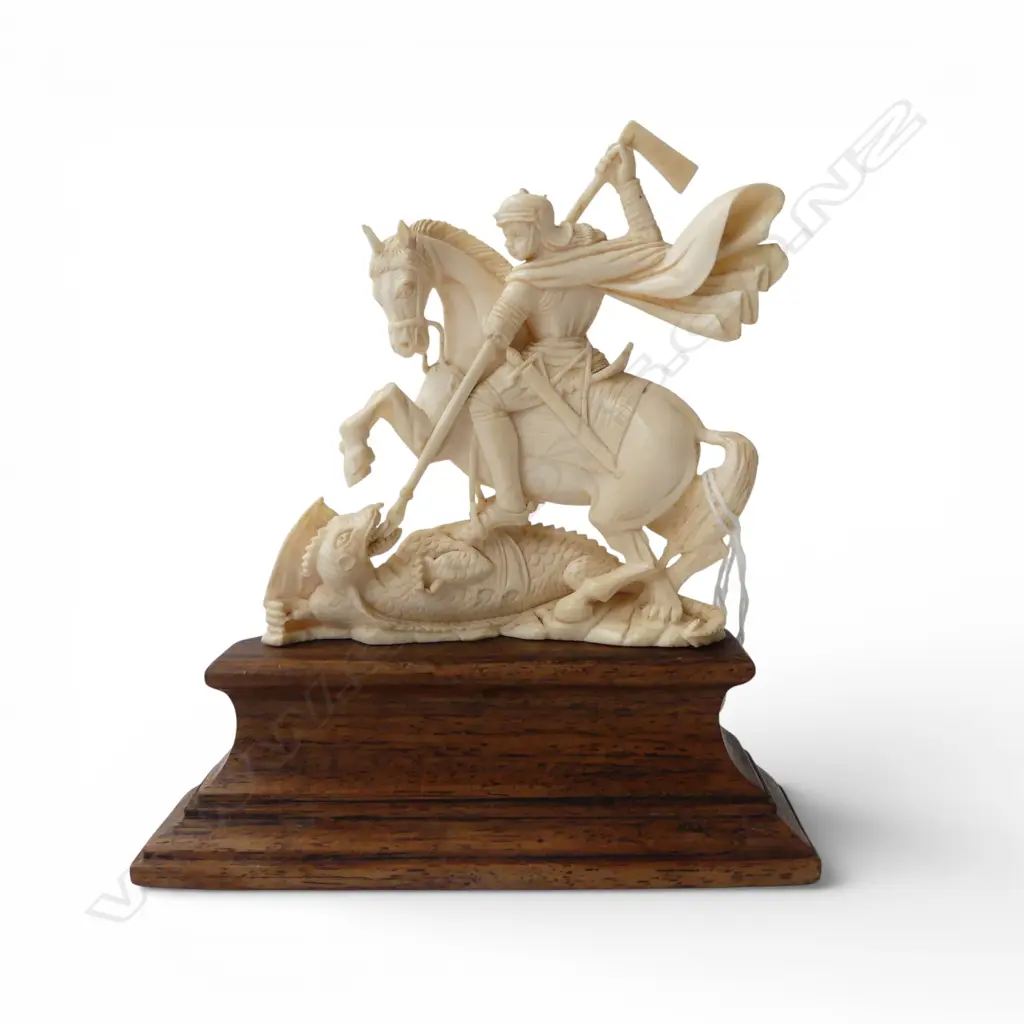 CARVED IVORY ST GEORGE & THE DRAGON on wooden stand H.145mm Image 1++