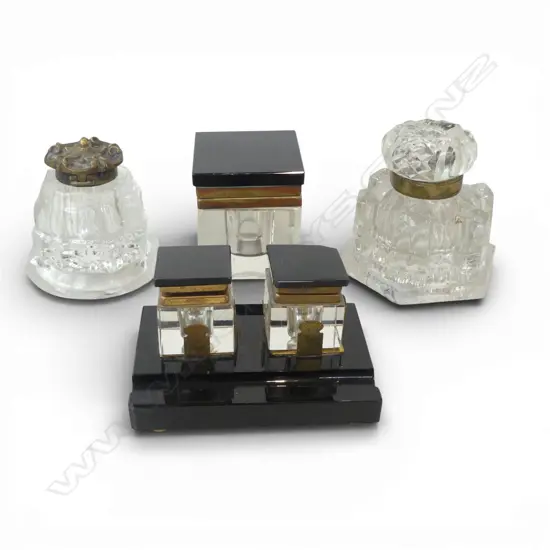 3 GLASS INK WELLS + DECO BLACK GLASS DESK SET faults