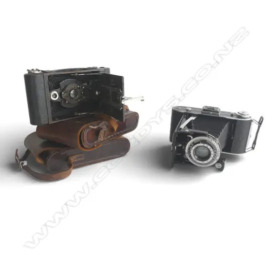 2 LEATHER CASED VIN BELLOWS CAMERAS AGFA & KODAK