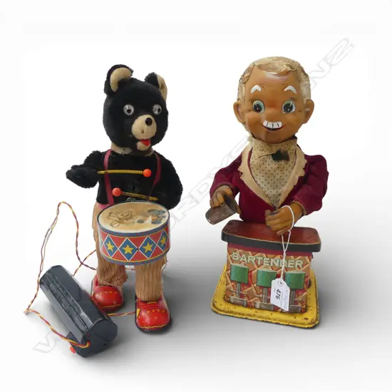 TWO VINTAGE TOYS; BARTENDER & DRUMMER BEAR H.270mm