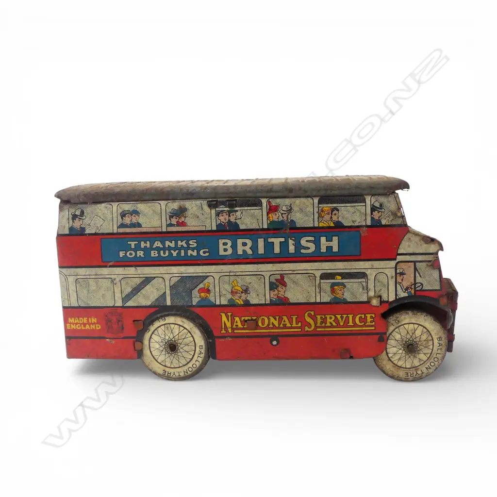 VINTAGE TINPLATE BRITISH NATIONAL SERVICE DOUBLE DECKER BUS W.180mm Image 1++