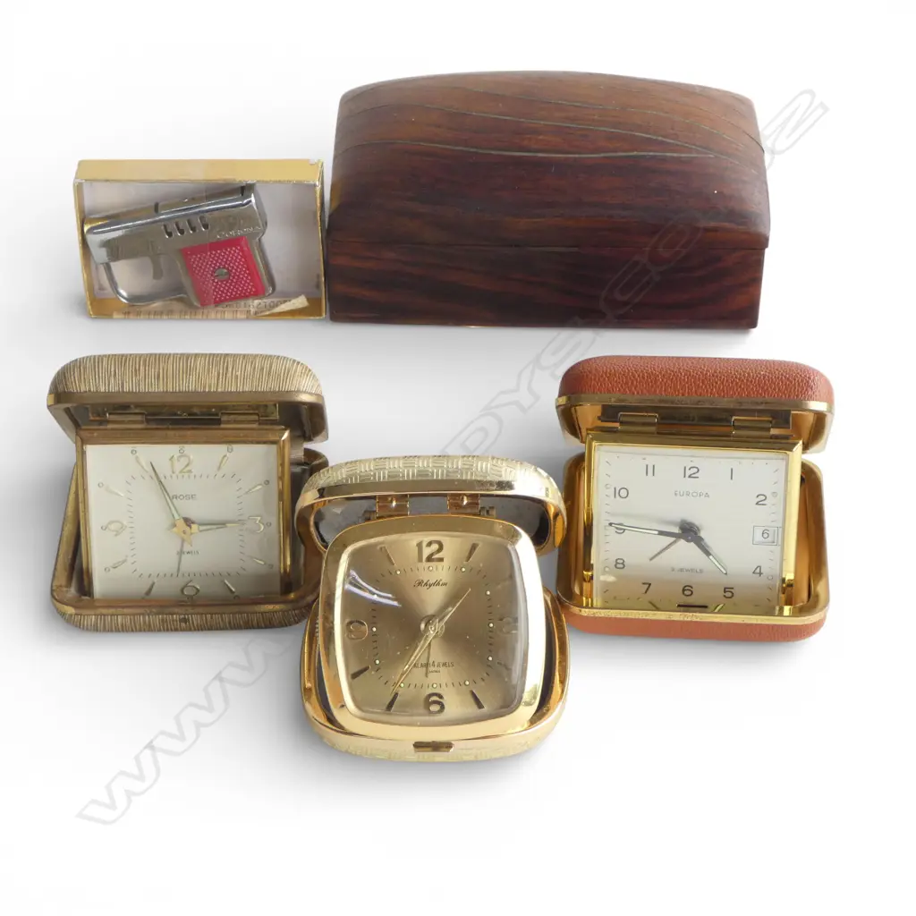 ASST. VINTAGE; 3 TRAVEL CLOCKS, WOODEN BOX & CORONA LIGHTER Image 1++