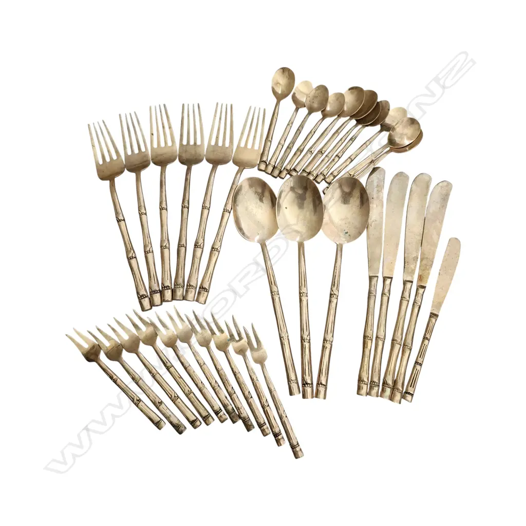 VINTAGE THAI NICKEL-BRONZE FLATWARE SET WITH A BAMBOO PATTERN Image 1++