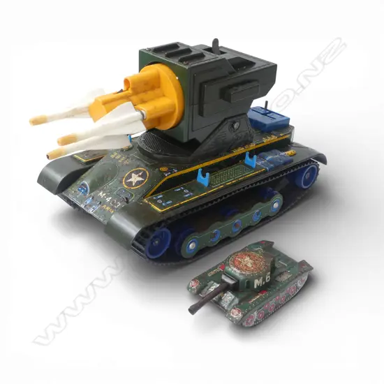 TWO VINTAGE TIN/PLASTIC TANK TOYS L.380mm