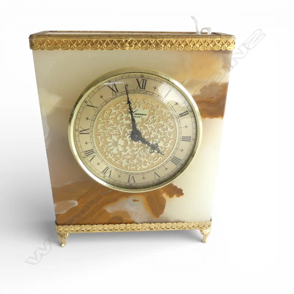 ITALIAN ONYX LUACURIA QUARTZ MANTLE CLOCK H190 W140MM Image 1++