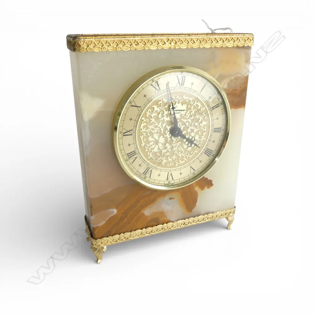 ITALIAN ONYX LUACURIA QUARTZ MANTLE CLOCK H190 W140MM Image 1++