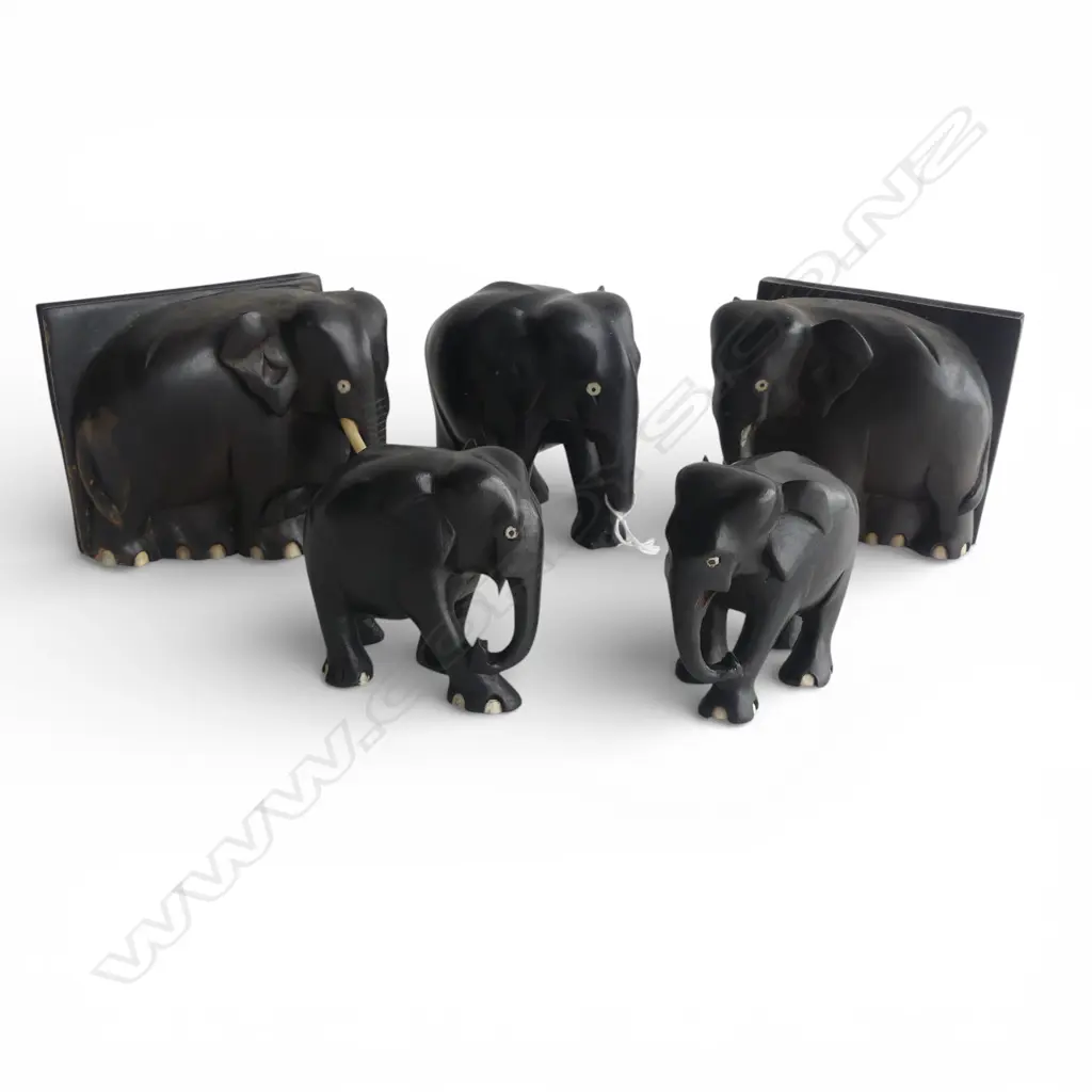 PR EBONY ELEPHANT BOOKENDS & 3 EBONY ELEPHANTS H100MM SOME TUSKS MISSING Image 1++