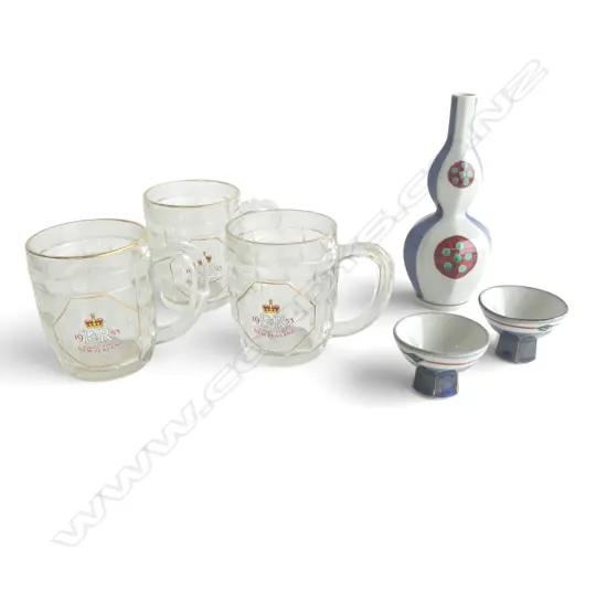 3 ER 1953 ROYAL VISIT MUGS, 2 ORIENTAL CUPS & VASE H.170mm