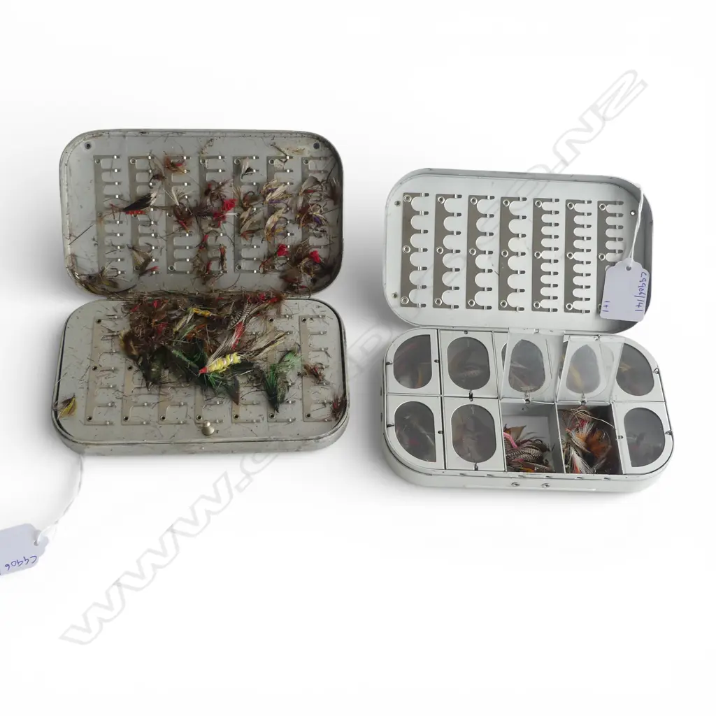 OKUMA FISHING FLY BOX & VINTAGE ALLUMINIUM FLY BOX L160MM BOTH FULL OF FLYS Image 1++