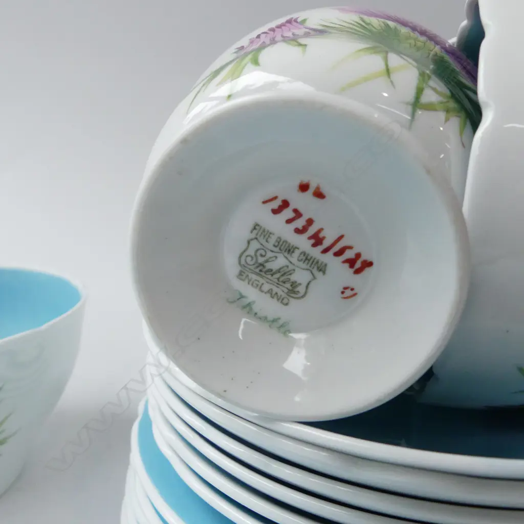 SHELLEY CHINA TEASET CAKE PLATE C/SUGAR 6CSPS SCOTCH THISTLE PAT Image 1++