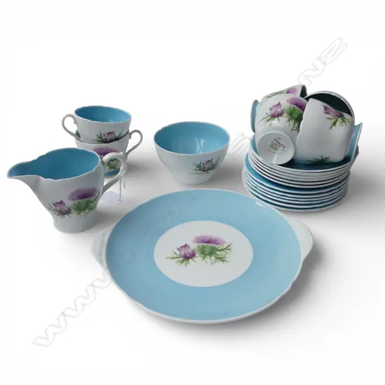 SHELLEY CHINA TEASET CAKE PLATE C/SUGAR 6CSPS SCOTCH THISTLE PAT