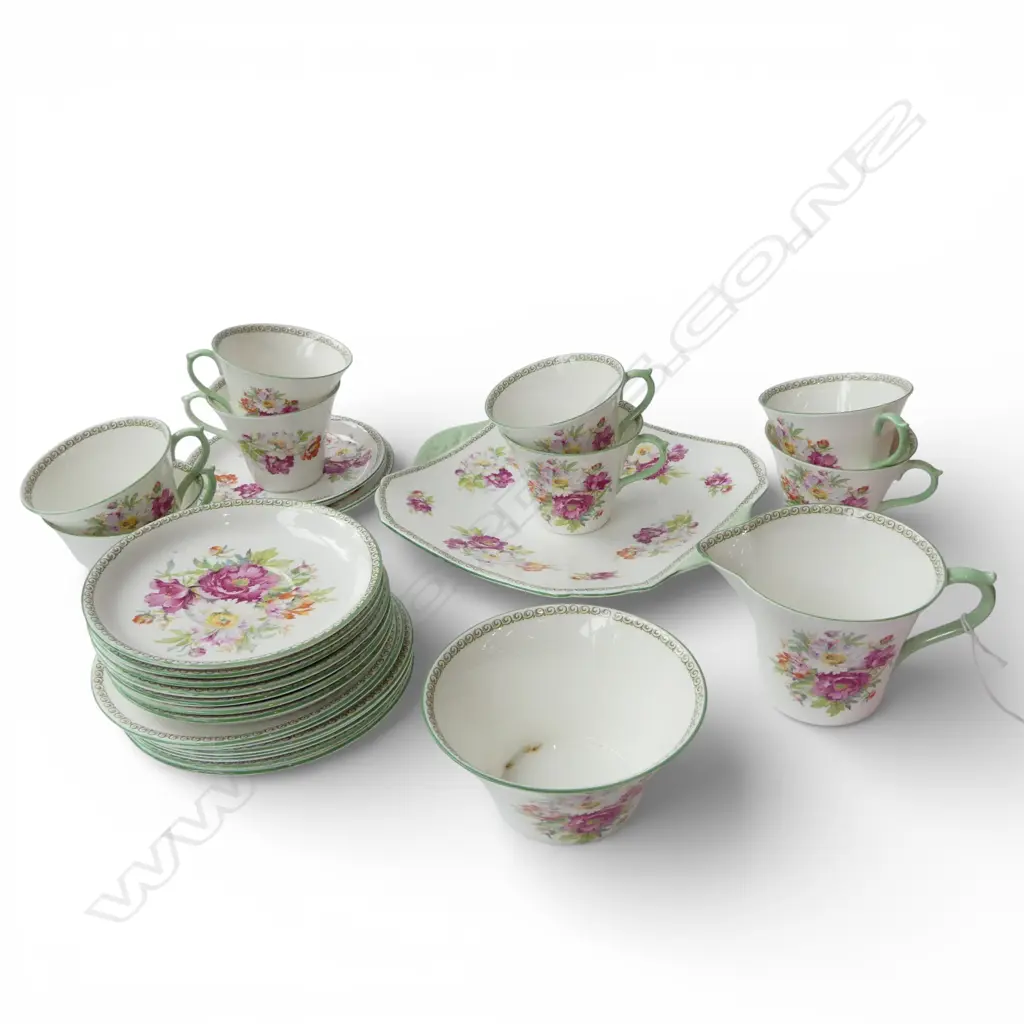 SHELLEY CHINA TEASET CAKE PLATE C/SUGAR 8CSPS SUMMER FLOWER PAT Image 1++