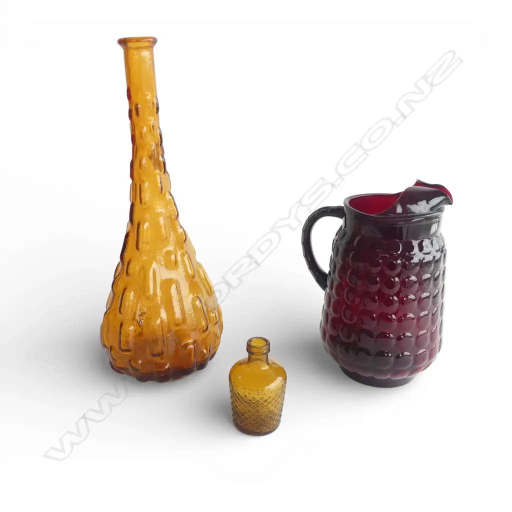 3 PCES OF COLOURED GLASS genie bottle lid missing H.380mm Image 1++