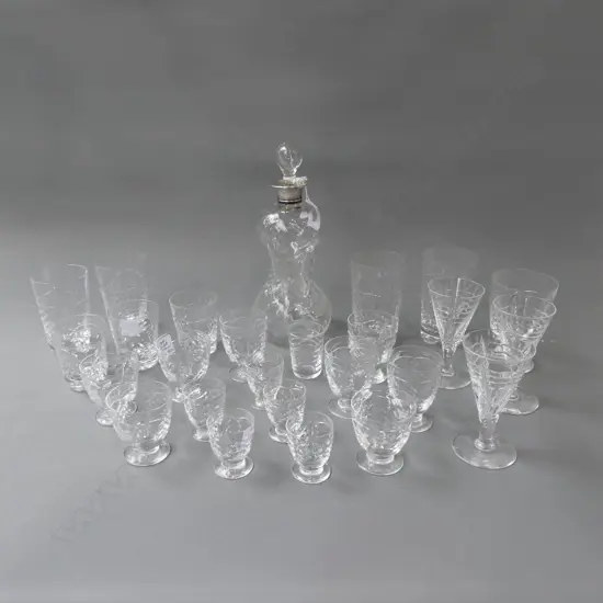 DECANTER w. STG SILVER (RIM FAULTED) H.230mm + ASST. CRYSTAL GLASSES