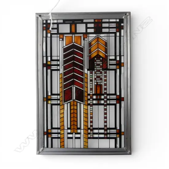 FRANK LLOYD WRIGHT INSPIRED ART GLASS PANEL plaque reading 'Certified by the Frank Lloyd Wright Foundation' 285x190mm