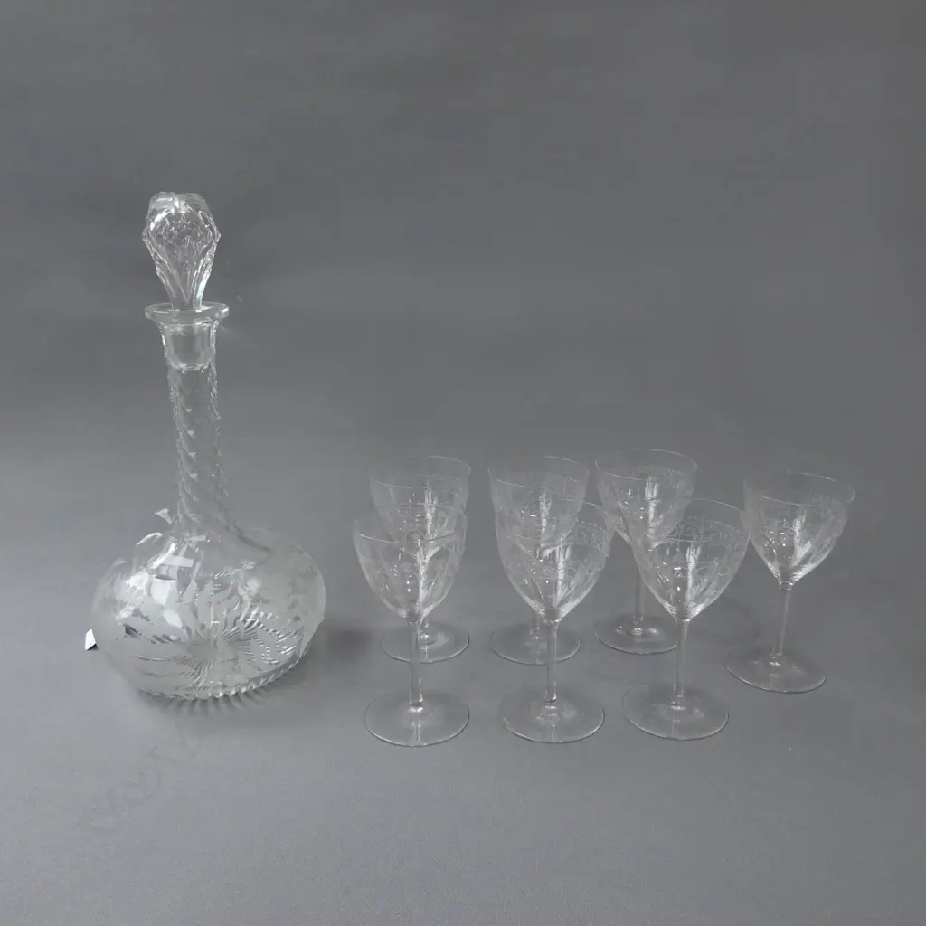 CRYSTAL DECANTER + 7 ETCHED STEMMED GLASSES  Image 1++