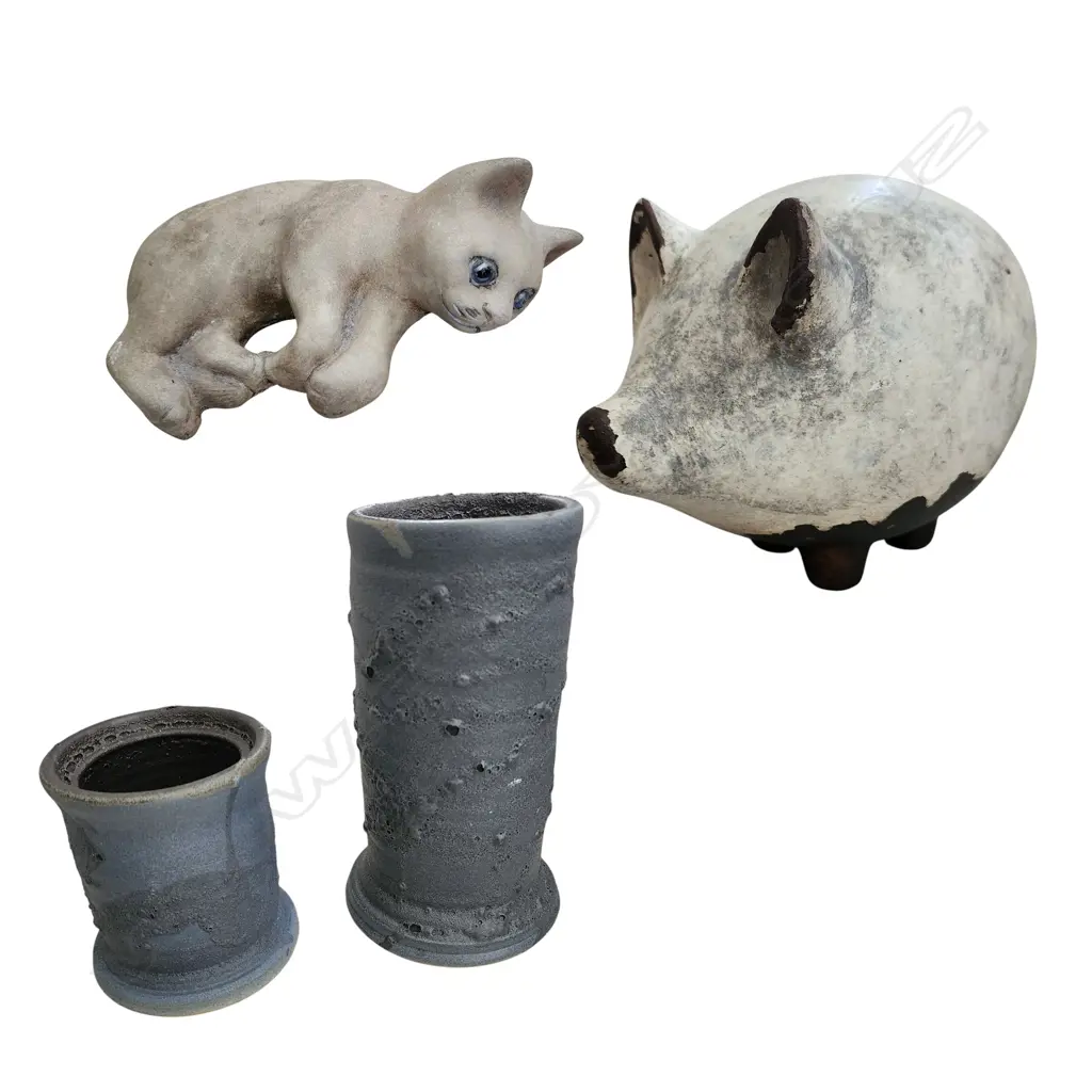 4 CERAMIC PCES; CONCRETE LAYING CAT, TERRA COTTA PIG AND TWO HANDMADE CERAMIC VASES Image 1++