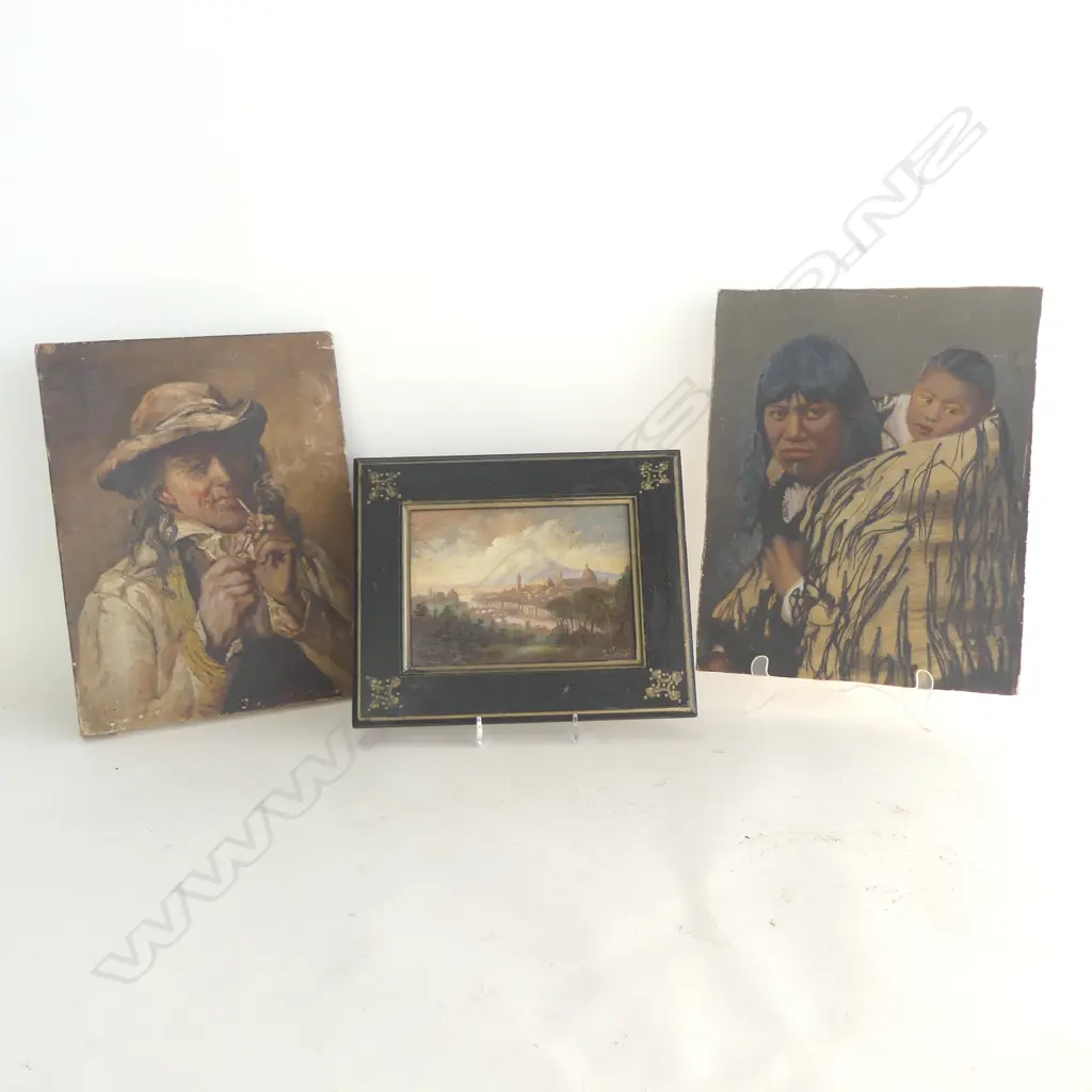 3 ANTIQUE PAINTINGS; WAHINE & TAMAITI, GENTLEMAN SMOKING, & FRAMED EUROPEAN SCENE  Image 1++