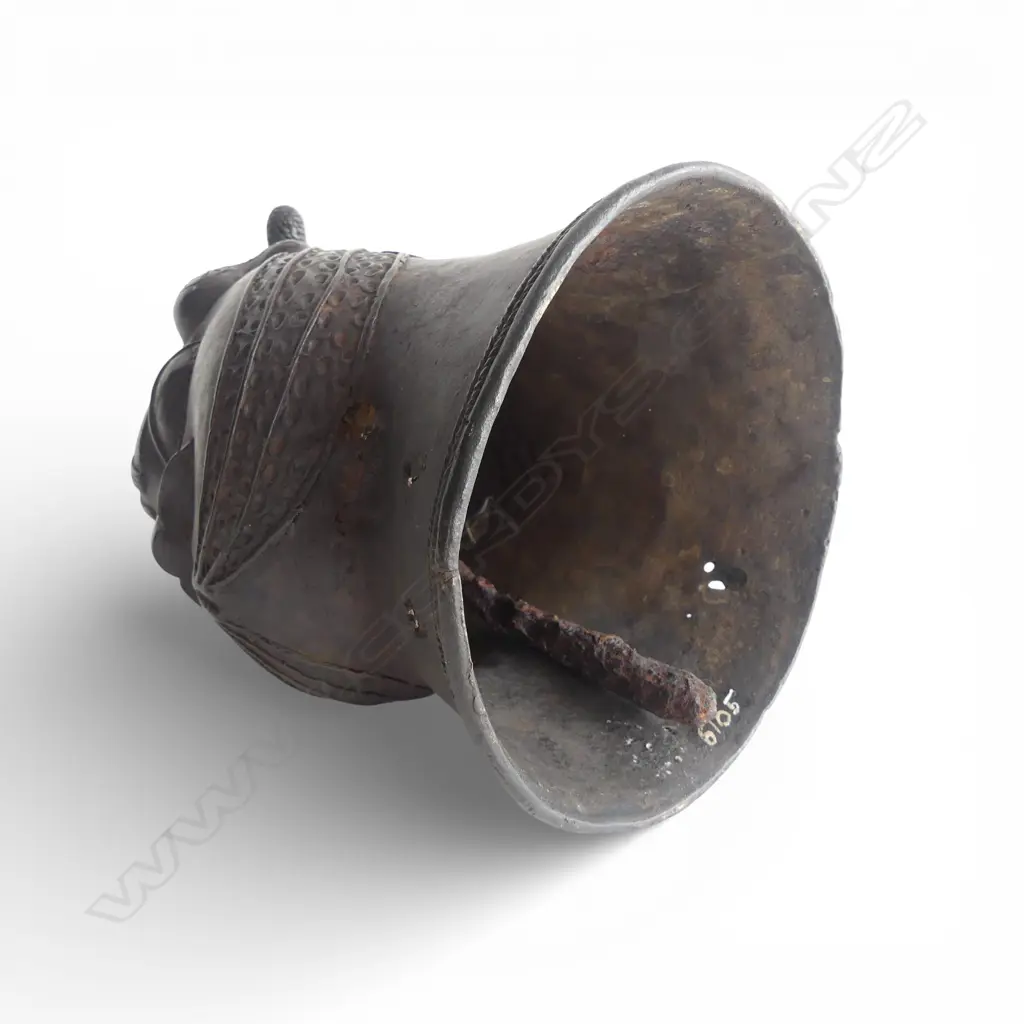 ANTIQUE AFRICAN BENIN BRONZE FACIAL TEMPLE BELL H210MM Image 1++